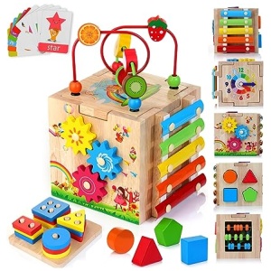 HELLOWOOD Cubo de Habilidades Motoras de Madera para Bebés 8 en 1 Cubo de Actividades
