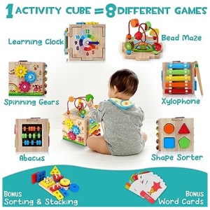 HELLOWOOD Cubo de Habilidades Motoras de Madera para Bebés 8 en 1 Cubo de Actividades