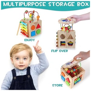 HELLOWOOD Cubo de Habilidades Motoras de Madera para Bebés 8 en 1 Cubo de Actividades