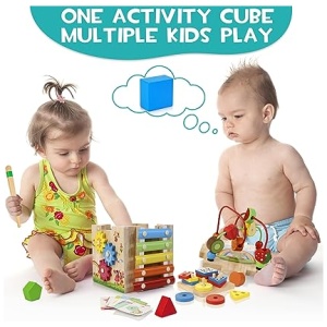 HELLOWOOD Cubo de Habilidades Motoras de Madera para Bebés 8 en 1 Cubo de Actividades