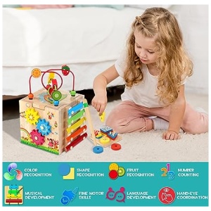 HELLOWOOD Cubo de Habilidades Motoras de Madera para Bebés 8 en 1 Cubo de Actividades