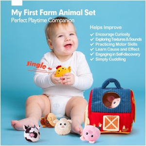 hahaland Juguetes Bebes 6-12 Meses - Animales Granja de Peluche Blandos con Sonajas, Arrugas, Espejo - Juguetes Montessori para Bebes 3 6 12 Meses